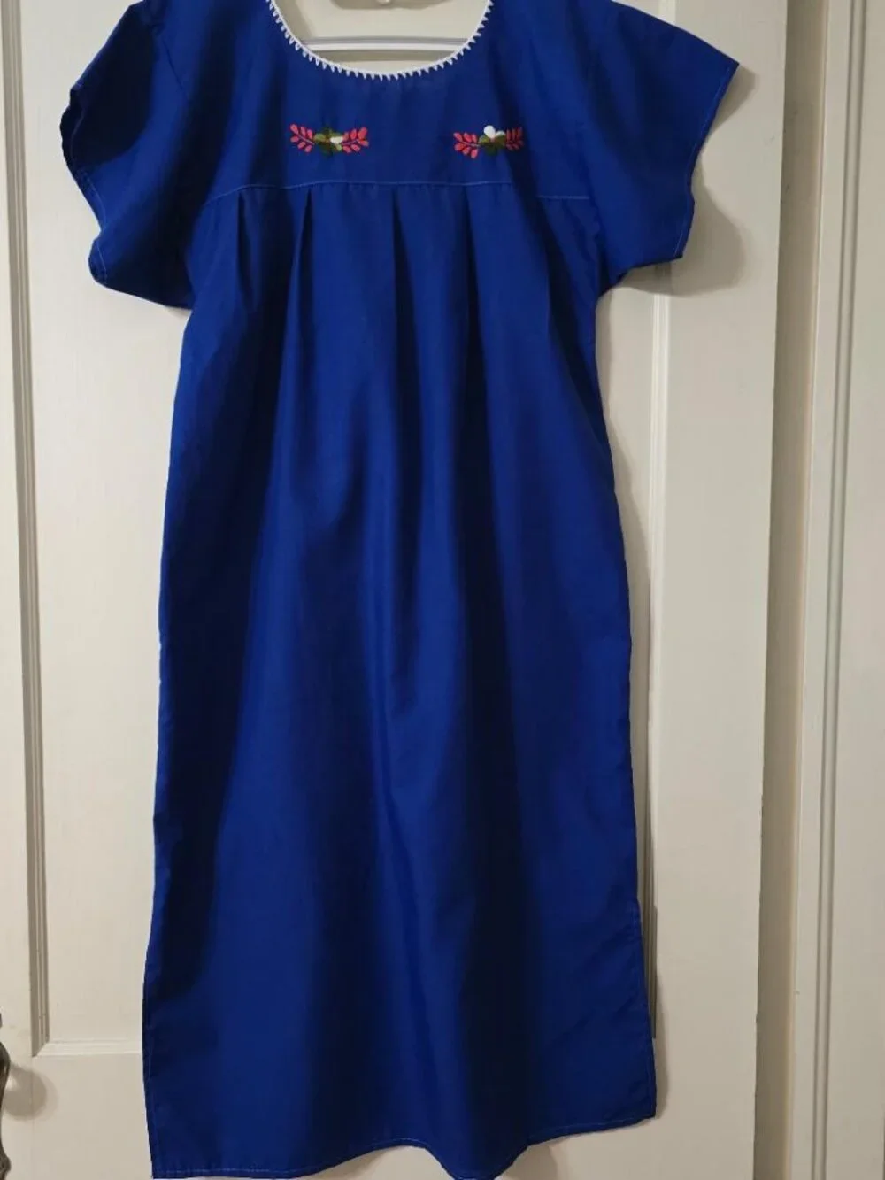 L Traditional Mexican Multi Floral Embroidery Dress in Cobalt Blue Cap Sleeve